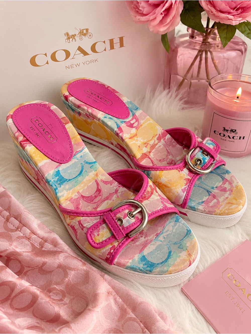 Coach Perry Y2K Monogram Wedge Slide Sandals Pink Multicolor Size 8.5B
